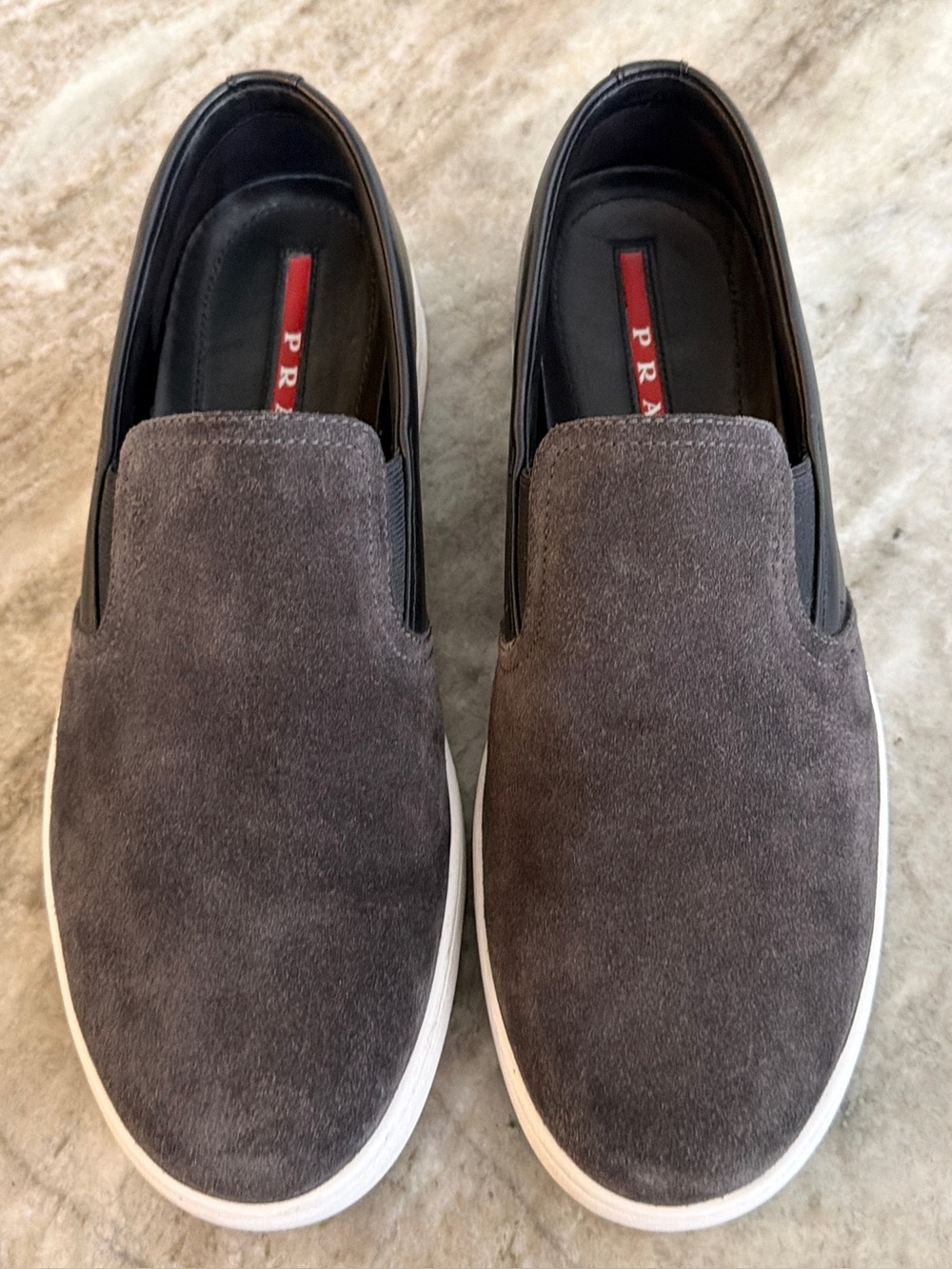 PRADA SLIP ON SNEAKERS GRAY SUEDE BLACK LEATHER 7.5 US MINIMALIST $1000 ITALY